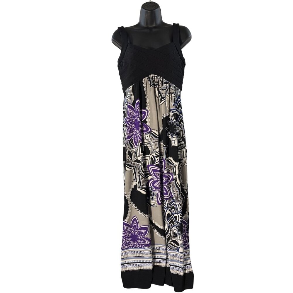 Vintage Carole Little Black & Purple Floral Print Maxi Dress With Empire Waist